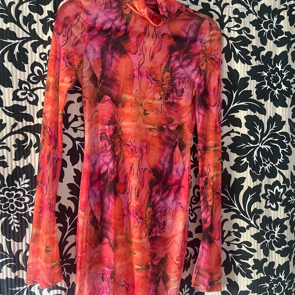 SHEIN Vibrant Pink & Orange Floral-Print Long Sleeve Top